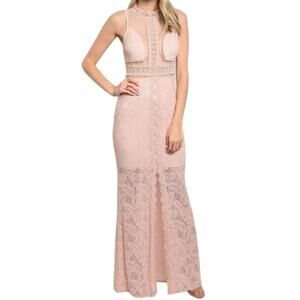 Soieblu Maxi Dress Womens L Pink Lace Front Slit Sheer Panel Feminine Romantic